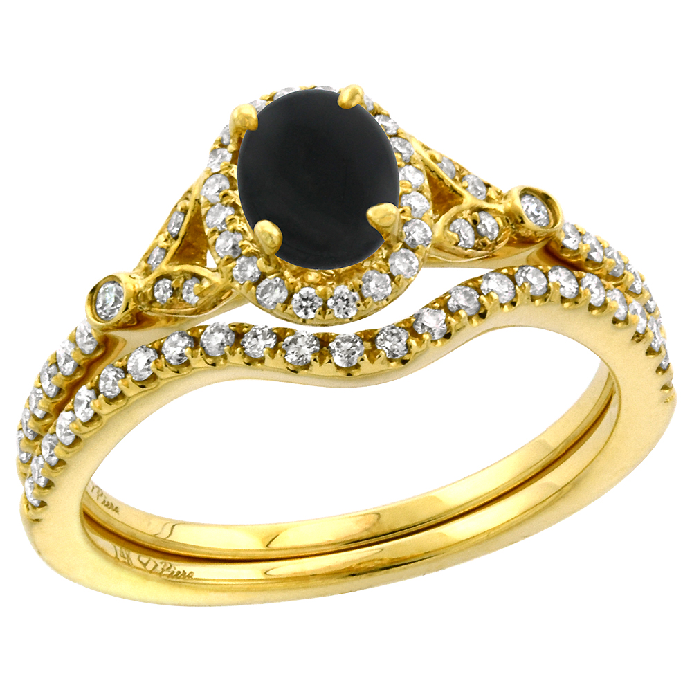 14k Yellow Gold Diamond Genuine Black Onyx Halo Engagement Ring Set 2 Piece Oval 7x5mm, size 5-10