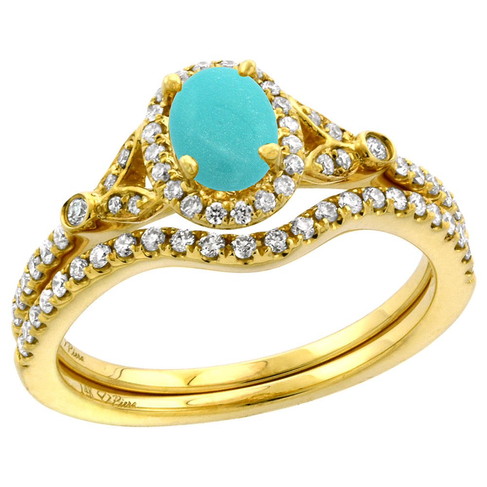 14k Yellow Gold Diamond Genuine Turquoise Halo Engagement Ring Set 2 Piece Oval 7x5mm, size 5-10