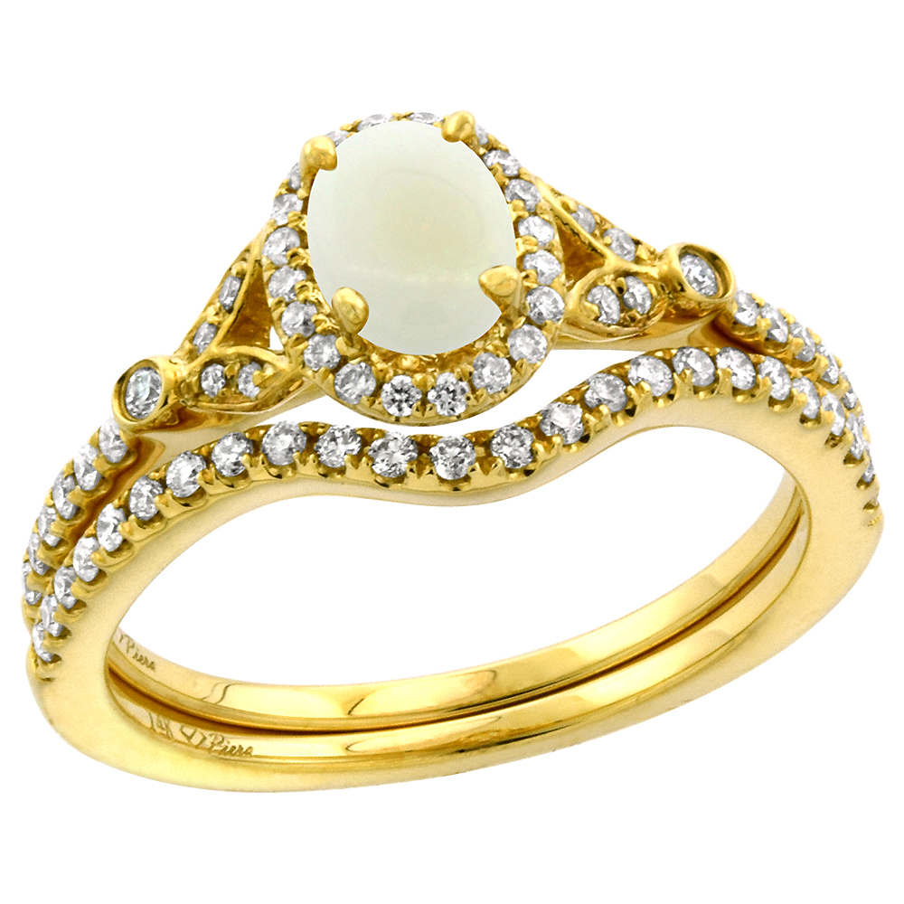 14k Yellow Gold Diamond Genuine Opal Halo Engagement Ring Set 2 Piece Oval 7x5mm, size 5-10