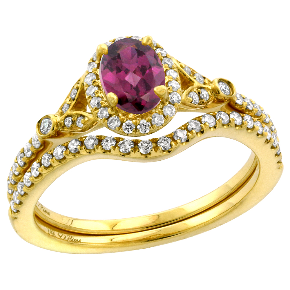 14k Yellow Gold Diamond Genuine Rhodolite Garnet Halo Engagement Ring Set 2 Piece Oval 7x5mm, size 5-10