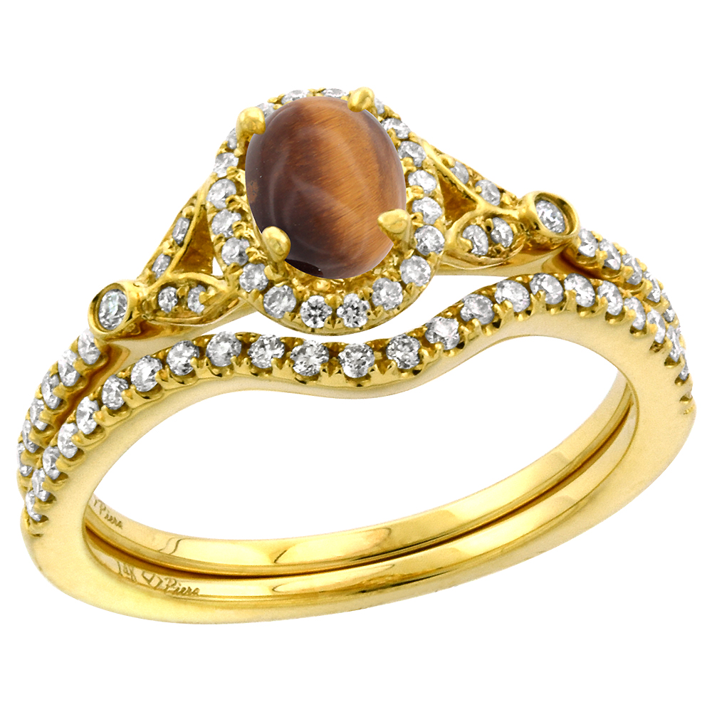 14k Yellow Gold Diamond Genuine Tiger Eye Halo Engagement Ring Set 2 Piece Oval 7x5mm, size 5-10