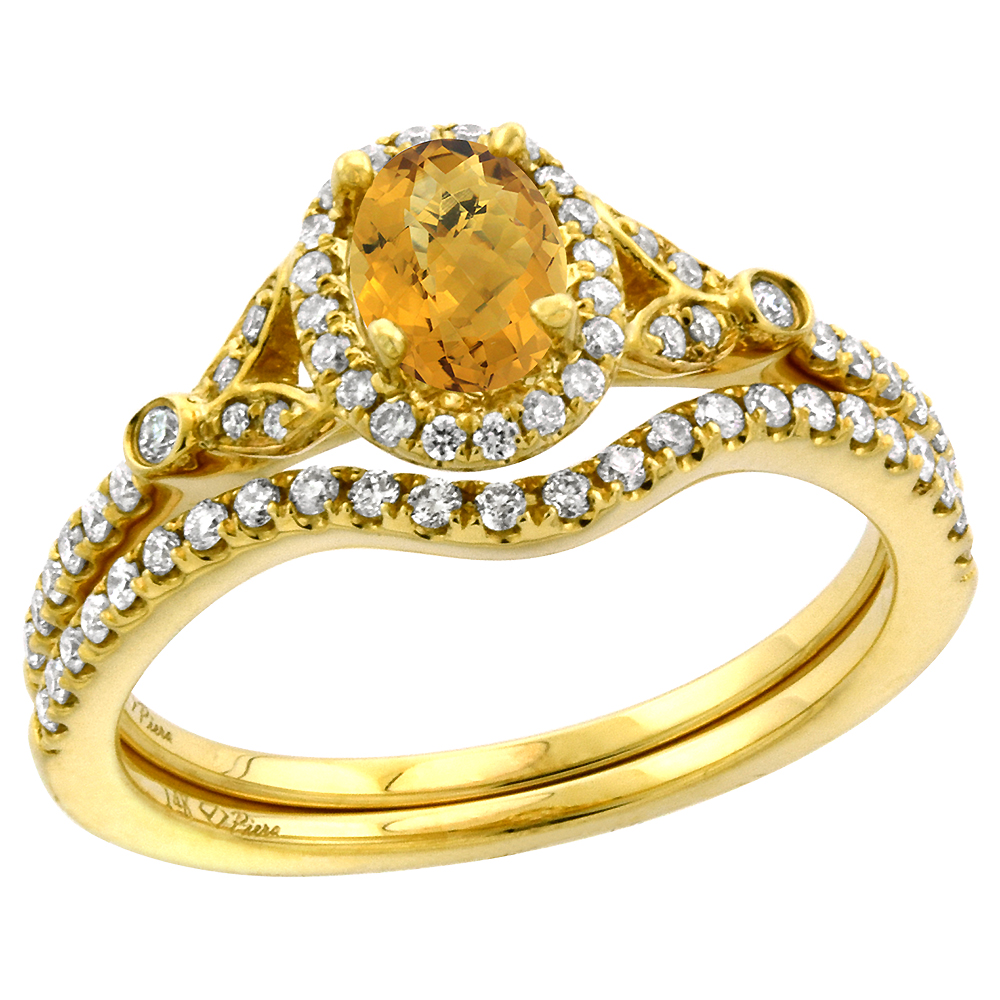 14k Yellow Gold Diamond Genuine Whisky Quartz Halo Engagement Ring Set 2 Piece Oval 7x5mm, size 5-10