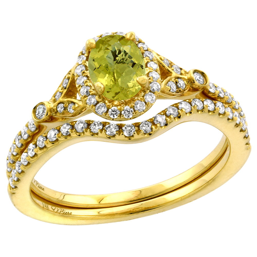 14k Yellow Gold Diamond Genuine Lemon Quartz Halo Engagement Ring Set 2 Piece Oval 7x5mm, size 5-10