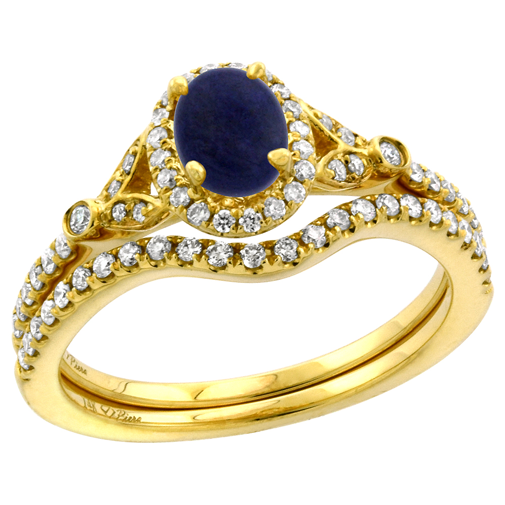 14k Yellow Gold Diamond Genuine Lapis Lazuli Halo Engagement Ring Set 2 Piece Oval 7x5mm, size 5-10