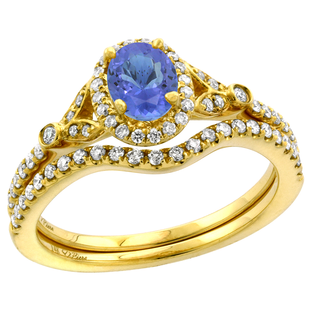 14k Yellow Gold Diamond Genuine Tanzanite Halo Engagement Ring Set 2 Piece Oval 7x5mm, size 5-10