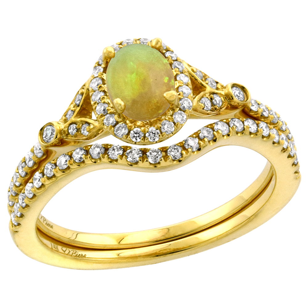 14k Yellow Gold Diamond Genuine Ethiopian Opal Halo Engagement Ring Set 2 Piece Oval 7x5mm, size 5-10