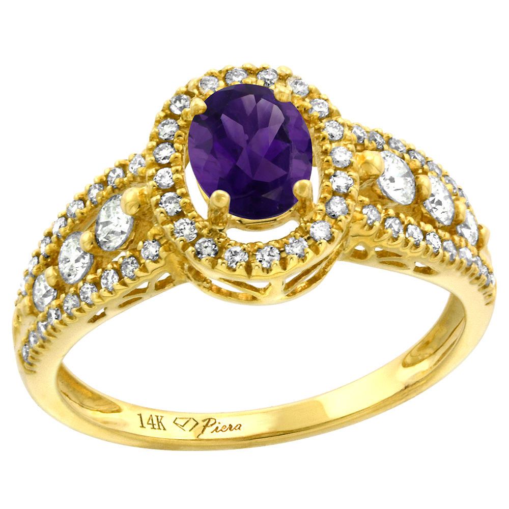 14k Yellow Gold Diamond Genuine Amethyst Halo Engagement Ring Oval 7x5mm, size 5-10