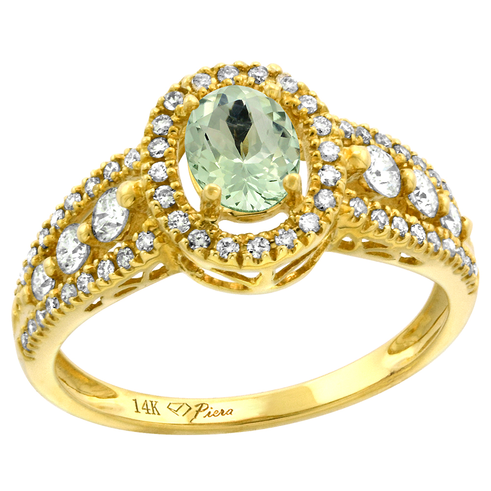 14k Yellow Gold Diamond Genuine Green Amethyst Halo Engagement Ring Oval 7x5mm, size 5-10