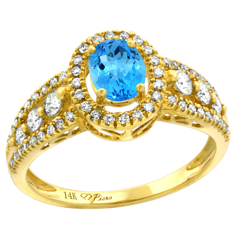 14k Yellow Gold Diamond Genuine Swiss Blue Topaz Halo Engagement Ring Oval 7x5mm, size 5-10
