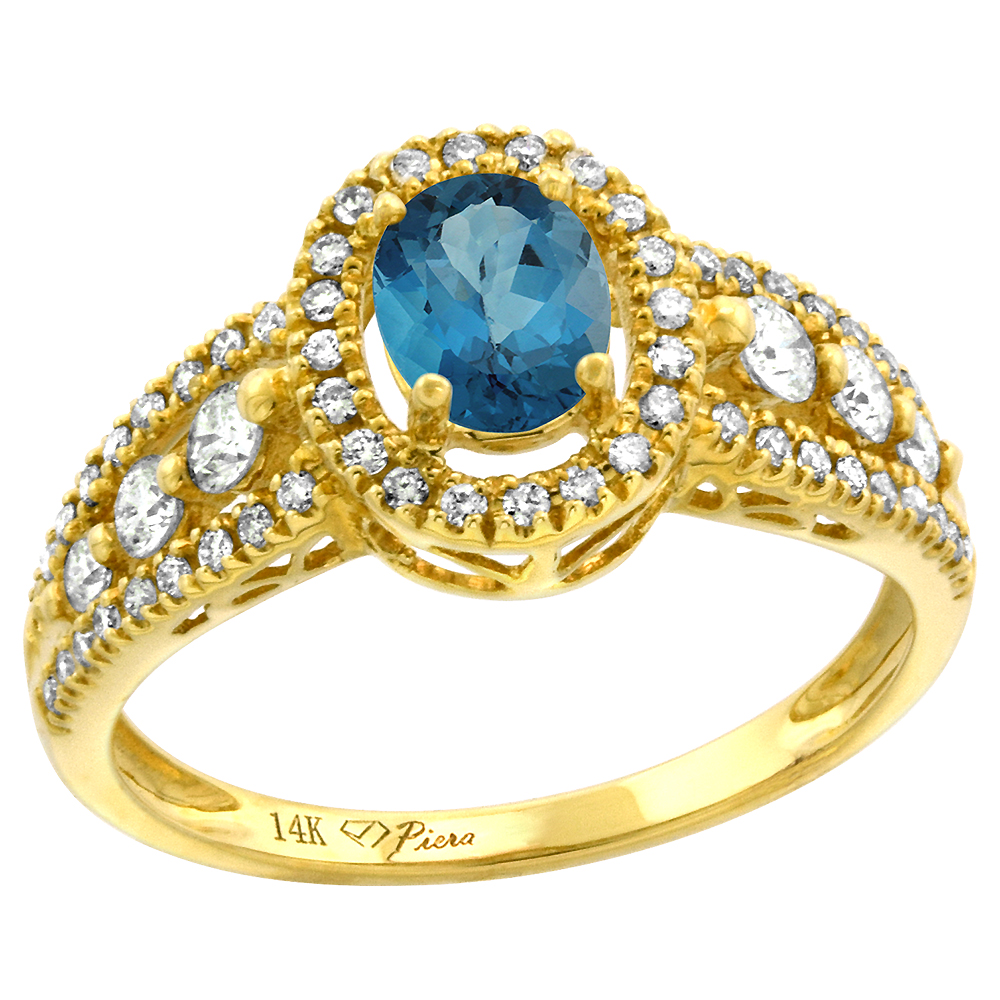 14k Yellow Gold Diamond Genuine London Blue Topaz Halo Engagement Ring Oval 7x5mm, size 5-10
