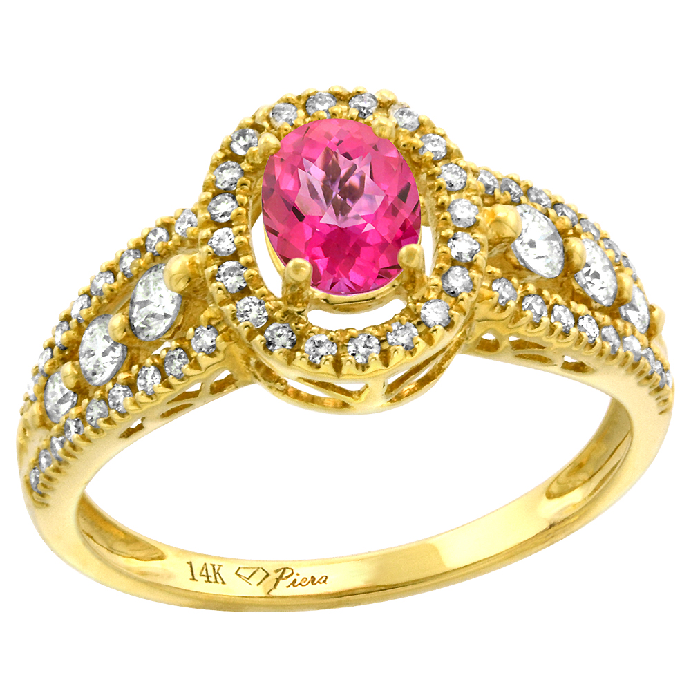 14k Yellow Gold Diamond Genuine Pink Topaz Halo Engagement Ring Oval 7x5mm, size 5-10