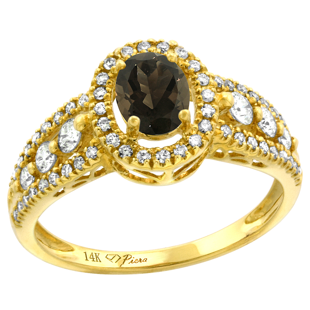 14k Yellow Gold Diamond Genuine Smoky Topaz Halo Engagement Ring Oval 7x5mm, size 5-10
