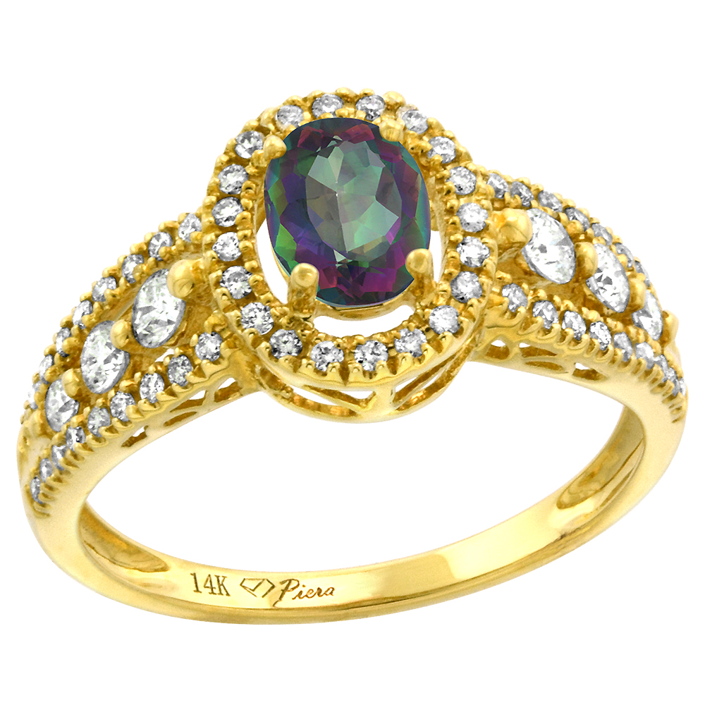 14k Yellow Gold Diamond Genuine Mystic Topaz Halo Engagement Ring Oval 7x5mm, size 5-10