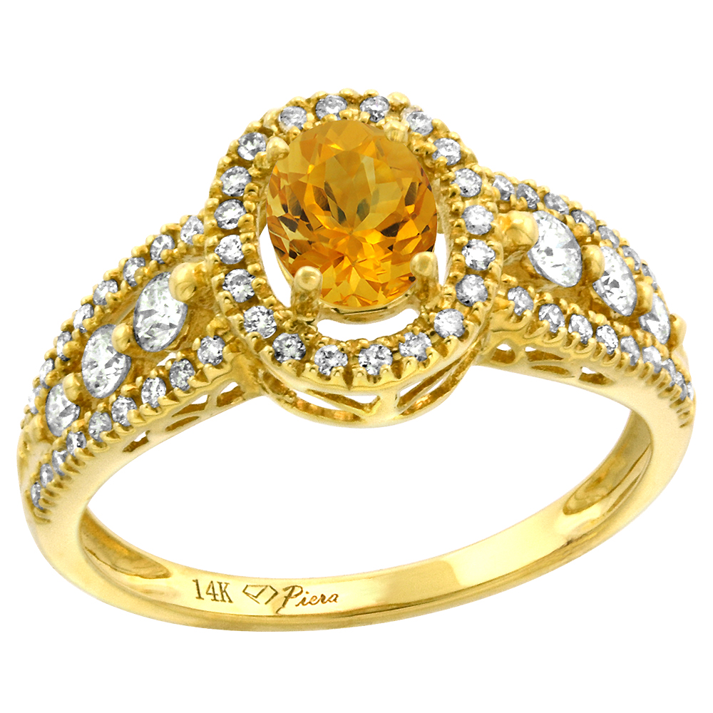14k Yellow Gold Diamond Genuine Citrine Halo Engagement Ring Oval 7x5mm, size 5-10