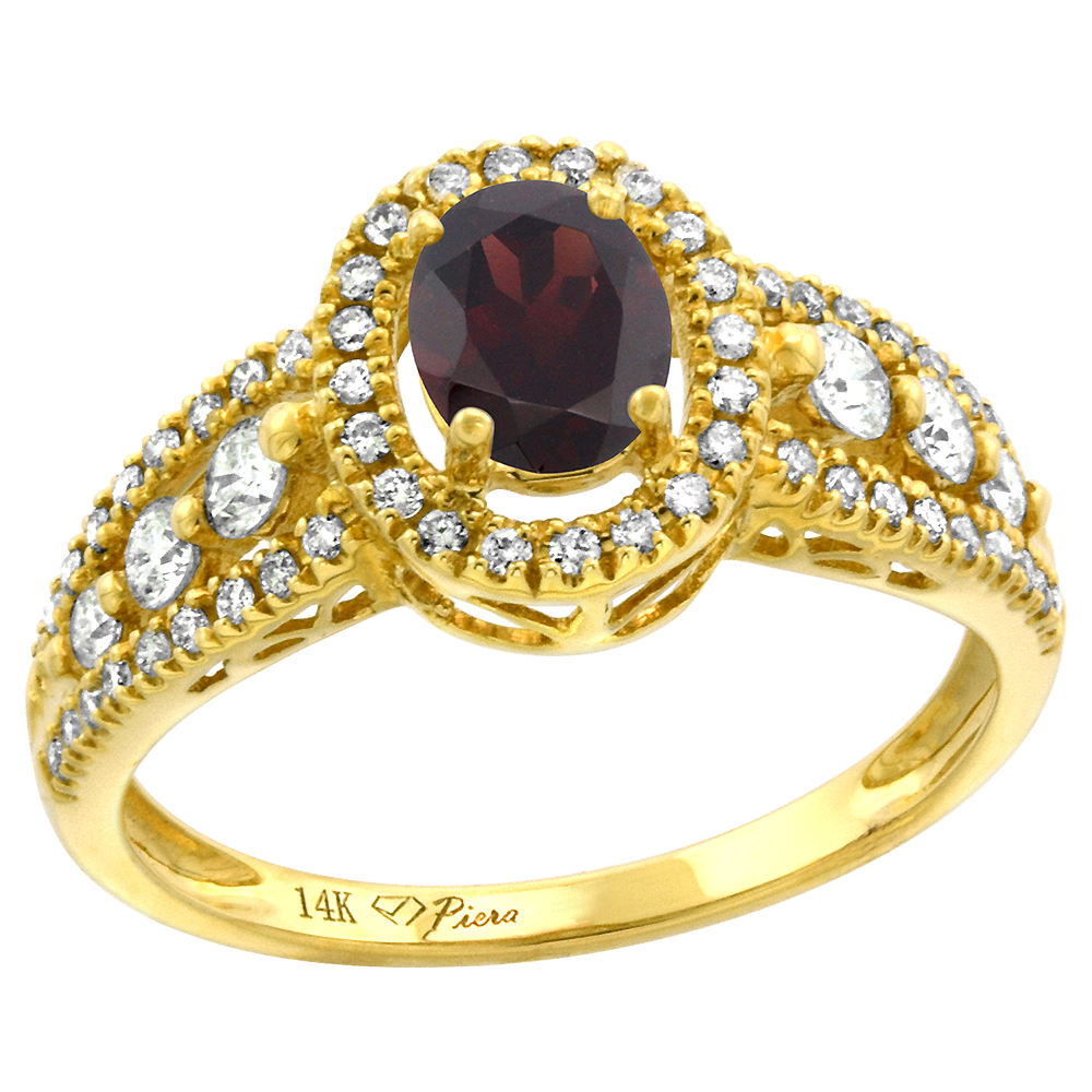 14k Yellow Gold Diamond Genuine Garnet Halo Engagement Ring Oval 7x5mm, size 5-10