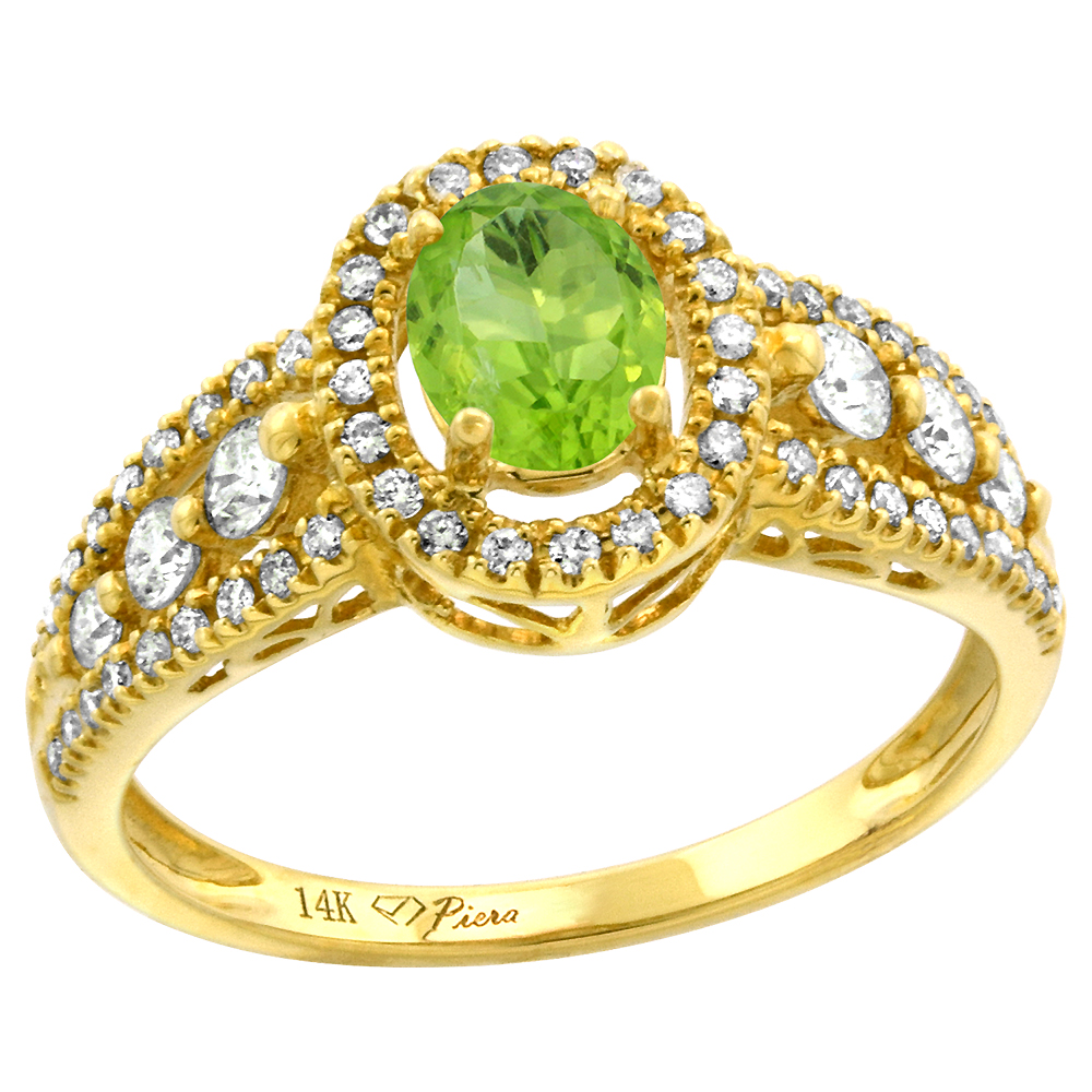 14k Yellow Gold Diamond Genuine Peridot Halo Engagement Ring Oval 7x5mm, size 5-10