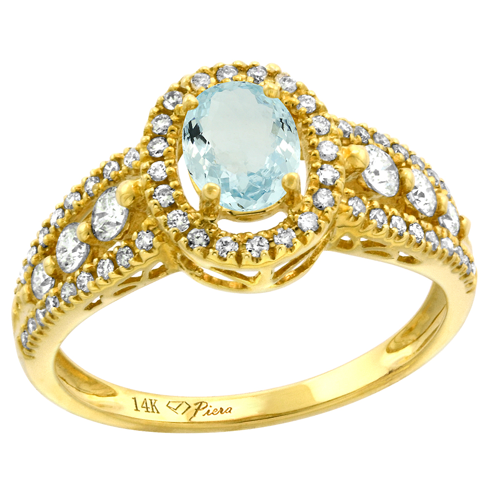 14k Yellow Gold Diamond Genuine Aquamarine Halo Engagement Ring Oval 7x5mm, size 5-10