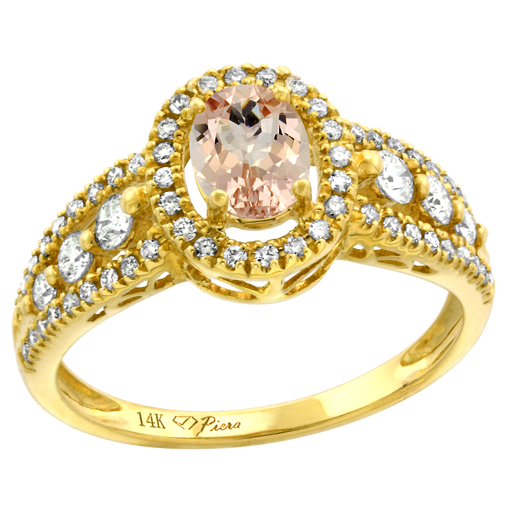 14k Yellow Gold Diamond Genuine Morganite Halo Engagement Ring Oval 7x5mm, size 5-10