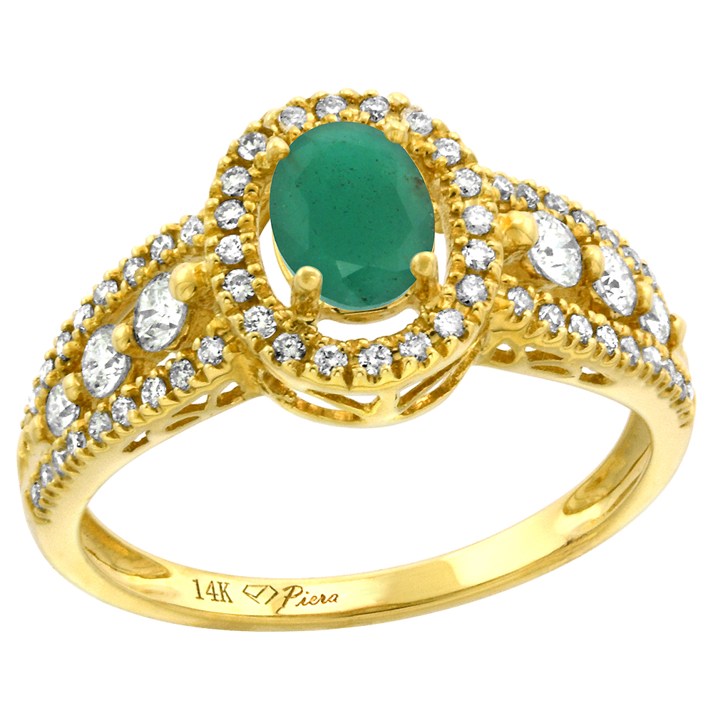 14k Yellow Gold Diamond Genuine Emerald Halo Engagement Ring Oval 7x5mm, size 5-10