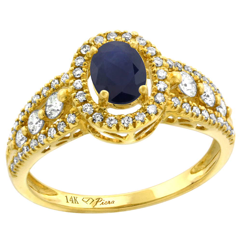 14k Yellow Gold Diamond Genuine Blue Sapphire Halo Engagement Ring Oval 7x5mm, size 5-10