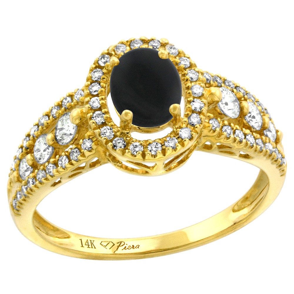 14k Yellow Gold Diamond Genuine Black Onyx Halo Engagement Ring Oval 7x5mm, size 5-10
