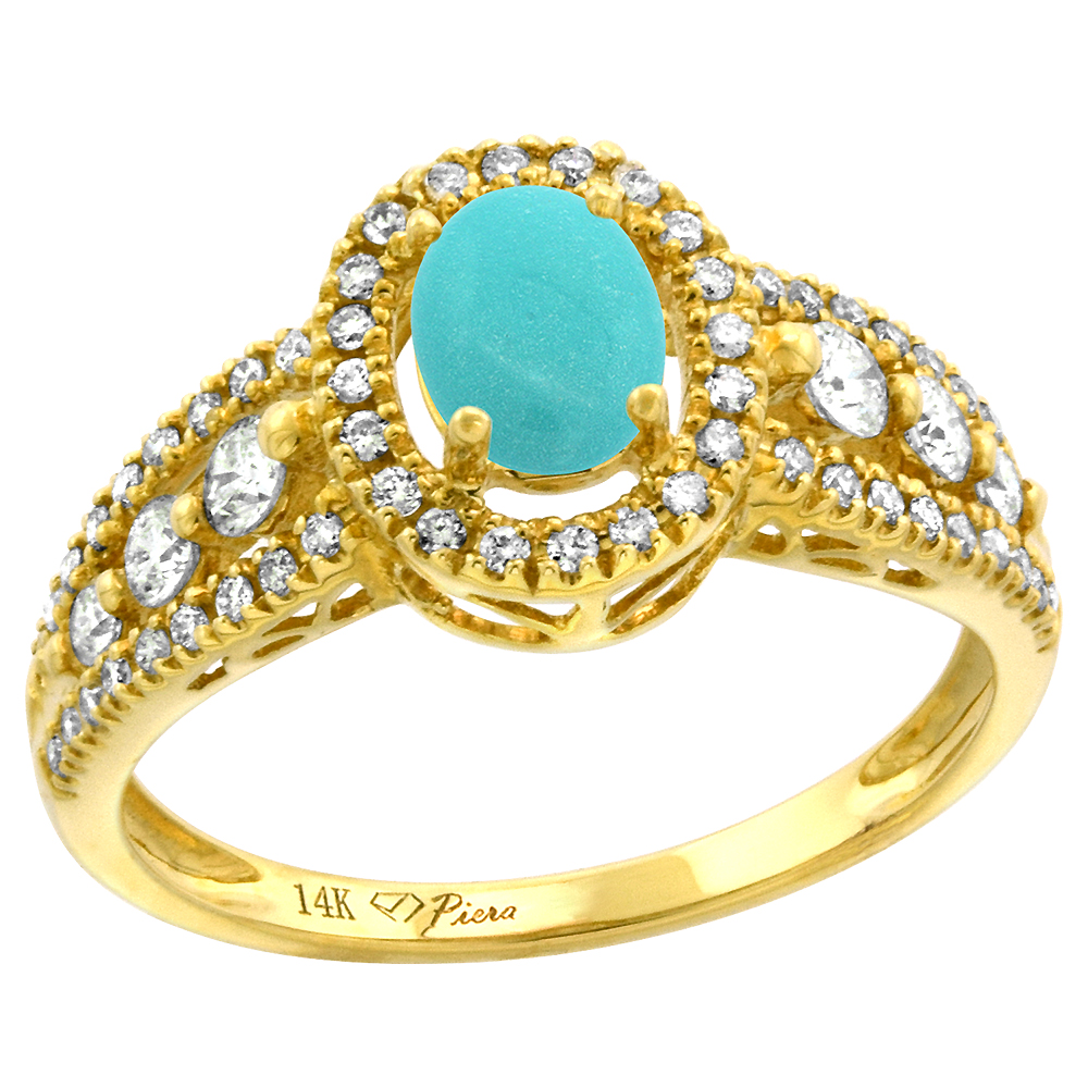 14k Yellow Gold Diamond Genuine Turquoise Halo Engagement Ring Oval 7x5mm, size 5-10