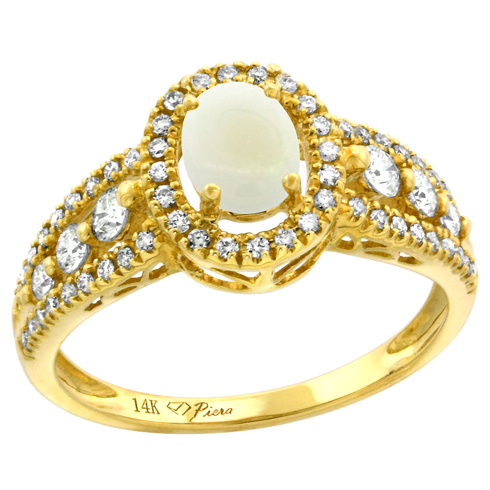 14k Yellow Gold Diamond Genuine Opal Halo Engagement Ring Oval 7x5mm, size 5-10