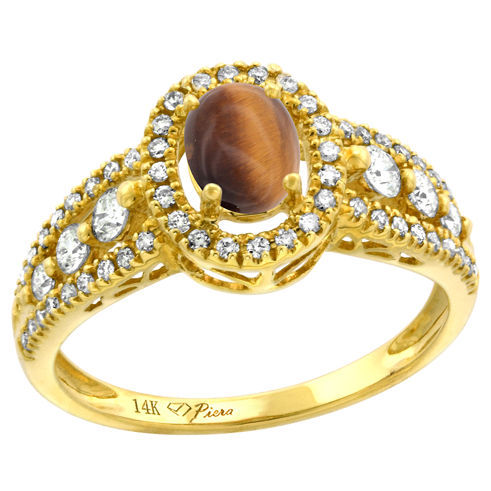 14k Yellow Gold Diamond Genuine Tiger Eye Halo Engagement Ring Oval 7x5mm, size 5-10