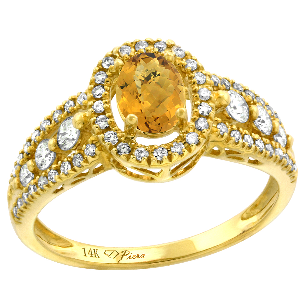 14k Yellow Gold Diamond Genuine Whisky Quartz Halo Engagement Ring Oval 7x5mm, size 5-10