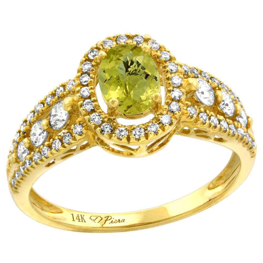 14k Yellow Gold Diamond Genuine Lemon Quartz Halo Engagement Ring Oval 7x5mm, size 5-10