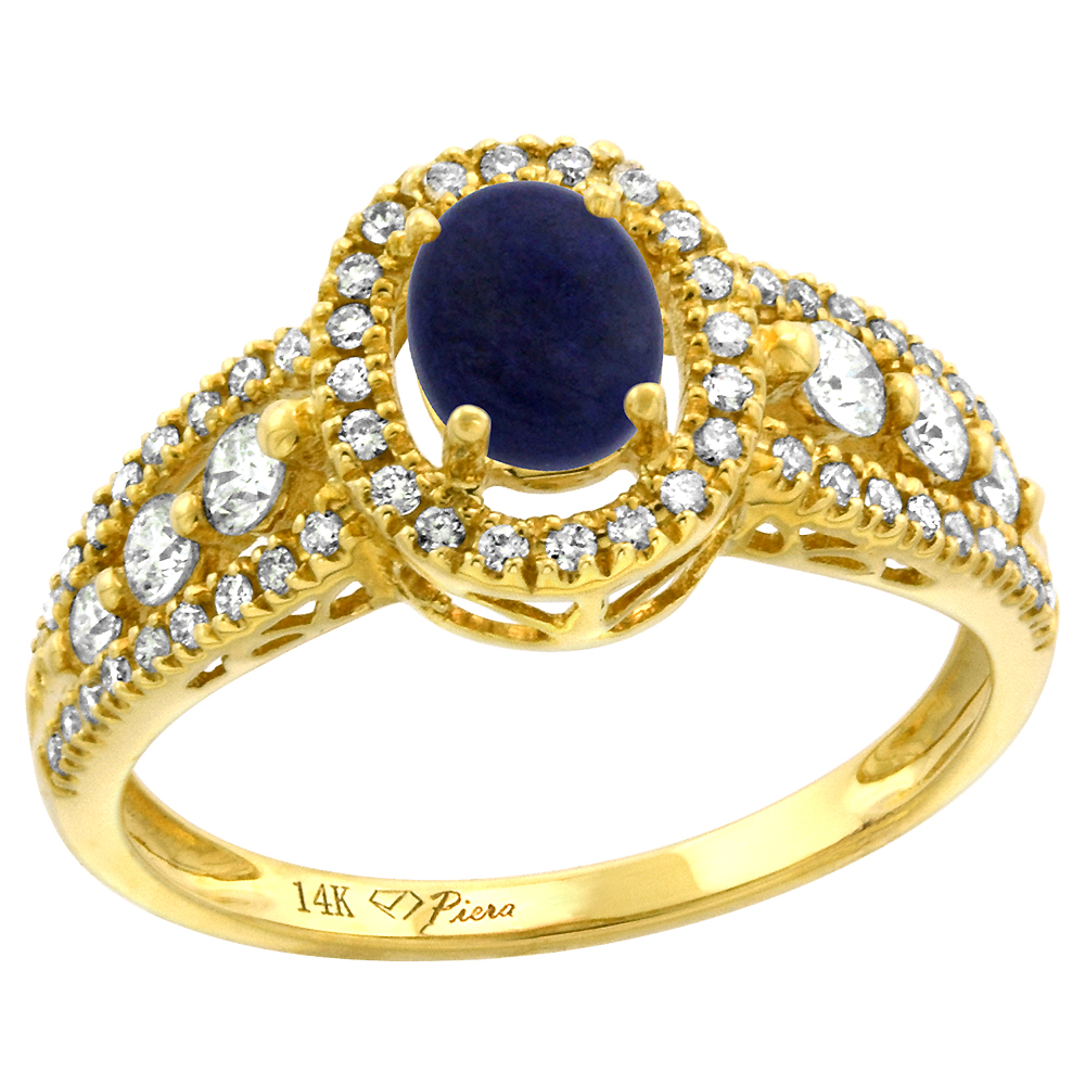 14k Yellow Gold Diamond Genuine Lapis Lazuli Halo Engagement Ring Oval 7x5mm, size 5-10