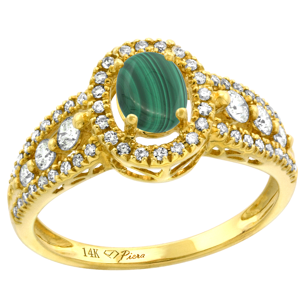 14k Yellow Gold Diamond Genuine Malachite Halo Engagement Ring Oval 7x5mm, size 5-10