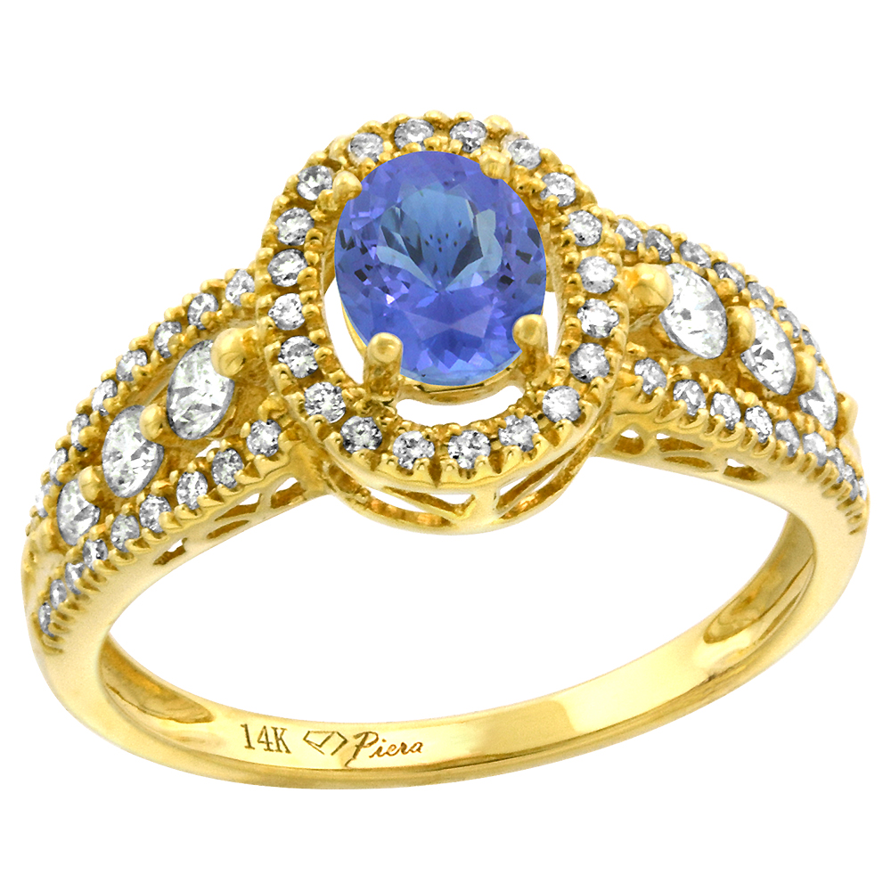 14k Yellow Gold Diamond Genuine Tanzanite Halo Engagement Ring Oval 7x5mm, size 5-10