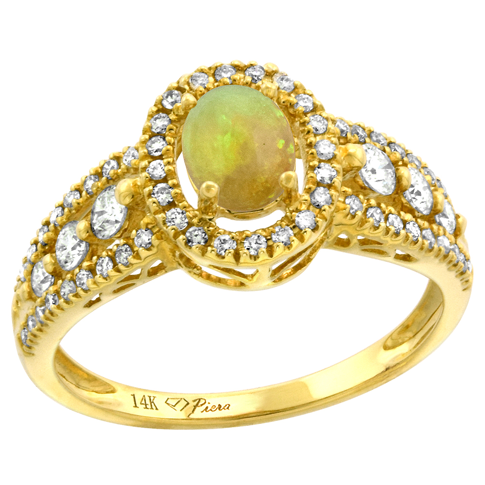14k Yellow Gold Diamond Genuine Ethiopian Opal Halo Engagement Ring Oval 7x5mm, size 5-10