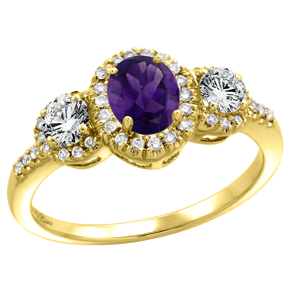 14k Yellow Gold Diamond Genuine Amethyst Halo Engagement Ring Oval 7x5mm, size 5-10