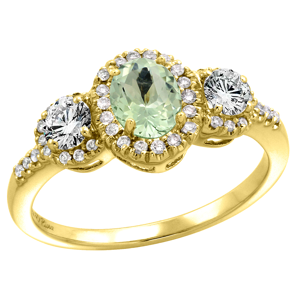 14k Yellow Gold Diamond Genuine Green Amethyst Halo Engagement Ring Oval 7x5mm, size 5-10