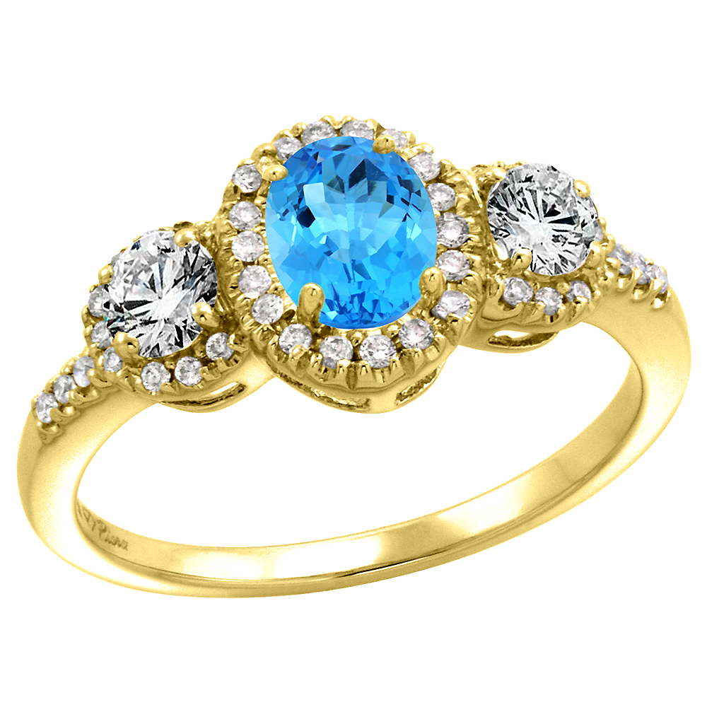 14k Yellow Gold Diamond Genuine Swiss Blue Topaz Halo Engagement Ring Oval 7x5mm, size 5-10