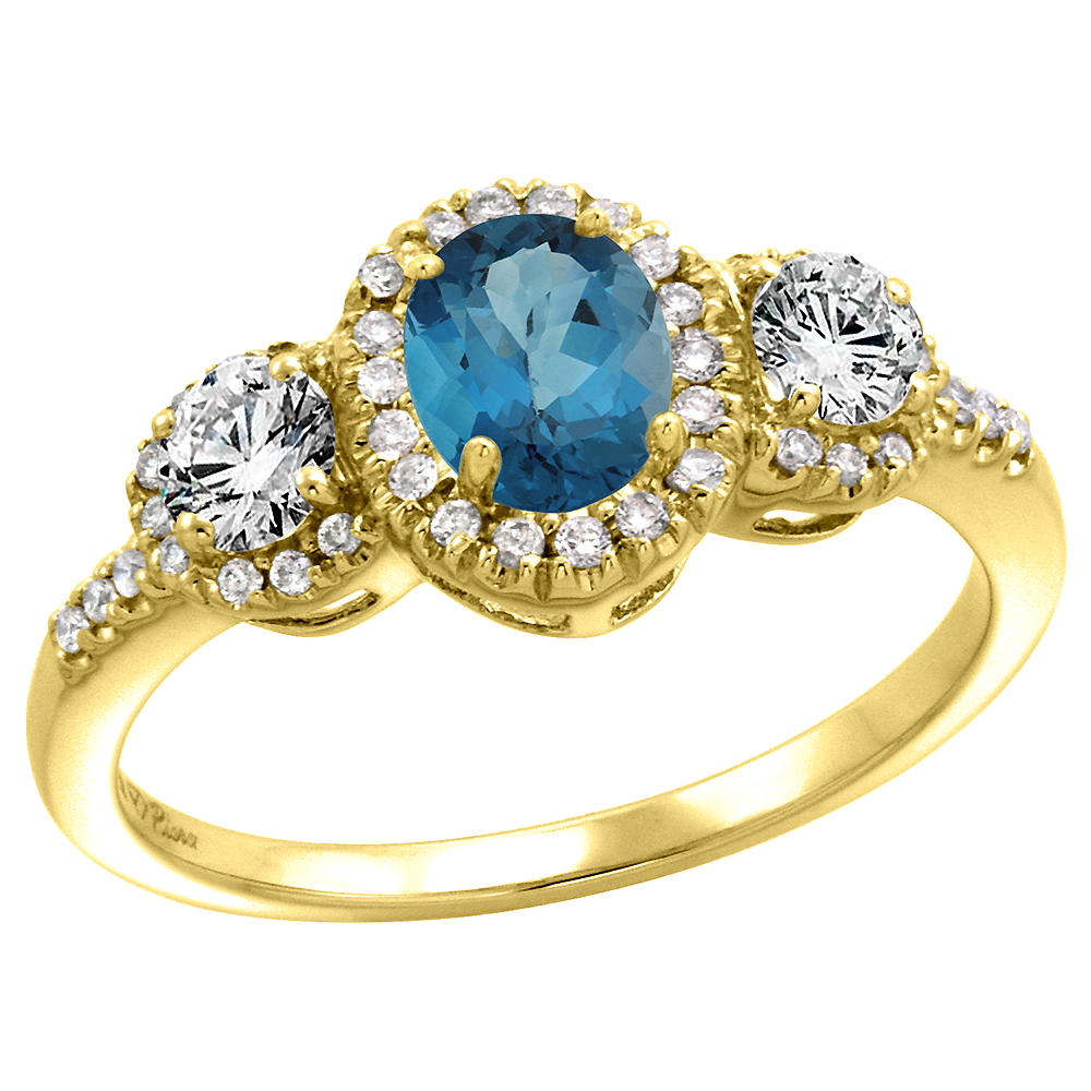 14k Yellow Gold Diamond Genuine London Blue Topaz Halo Engagement Ring Oval 7x5mm, size 5-10