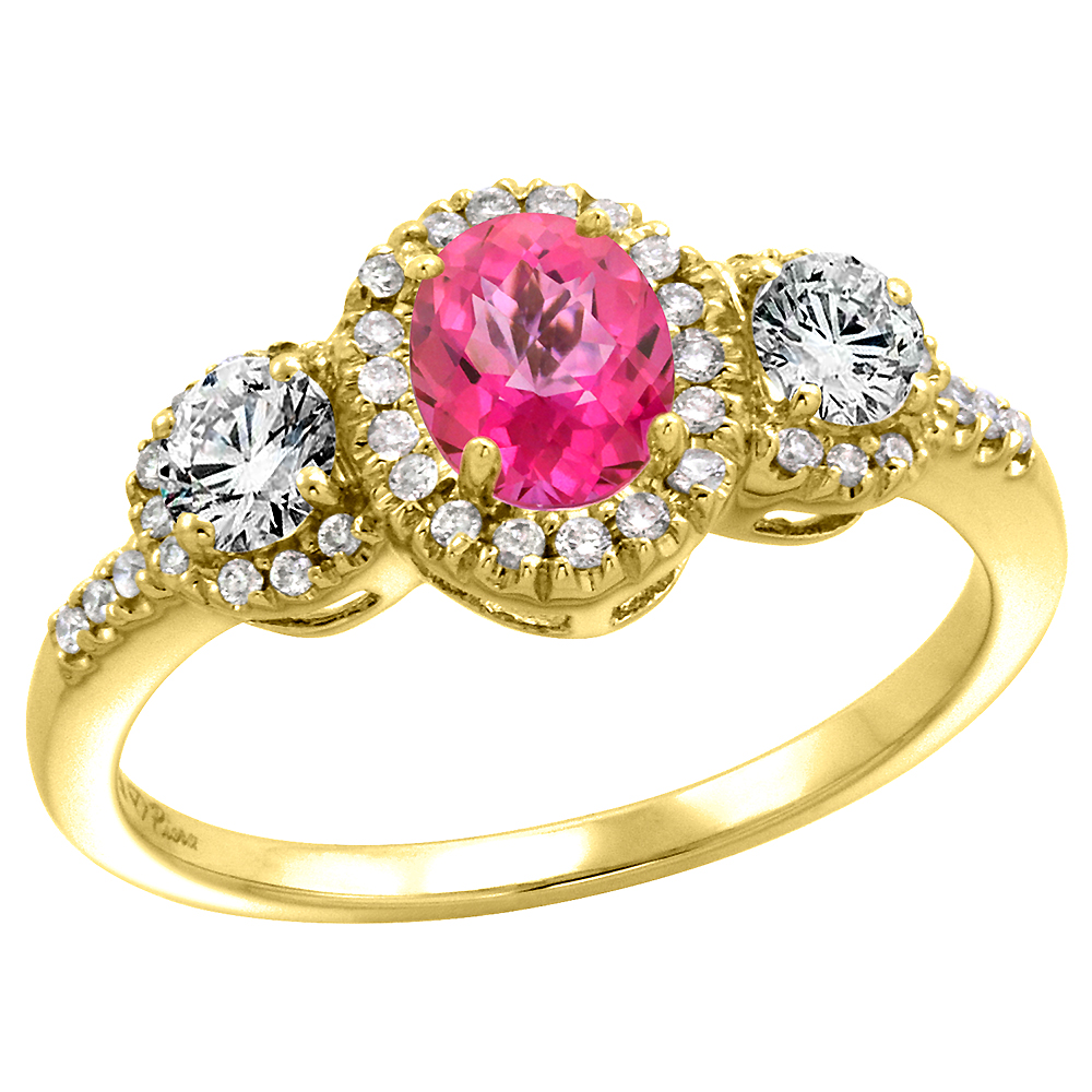 14k Yellow Gold Diamond Genuine Pink Topaz Halo Engagement Ring Oval 7x5mm, size 5-10