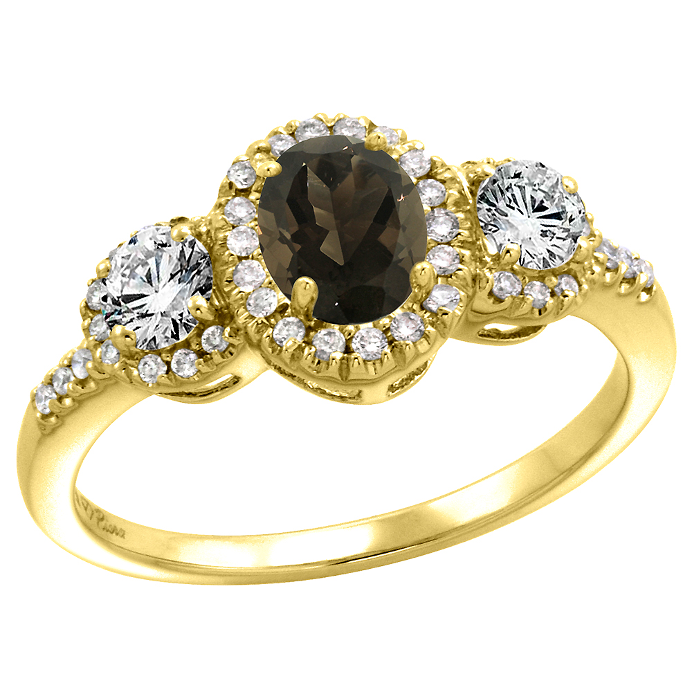 14k Yellow Gold Diamond Genuine Smoky Topaz Halo Engagement Ring Oval 7x5mm, size 5-10