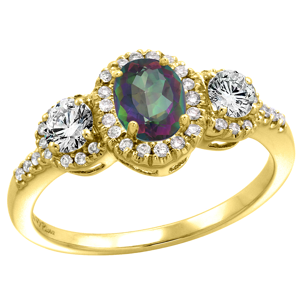 14k Yellow Gold Diamond Genuine Mystic Topaz Halo Engagement Ring Oval 7x5mm, size 5-10