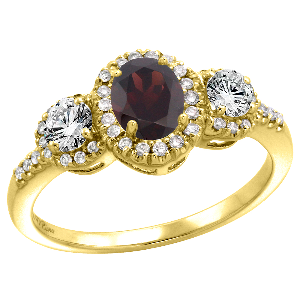 14k Yellow Gold Diamond Genuine Garnet Halo Engagement Ring Oval 7x5mm, size 5-10
