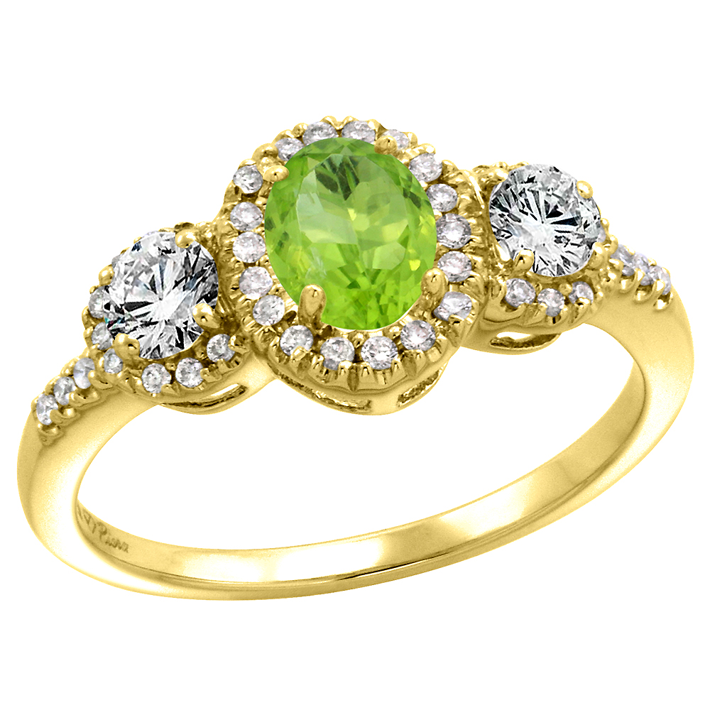 14k Yellow Gold Diamond Genuine Peridot Halo Engagement Ring Oval 7x5mm, size 5-10