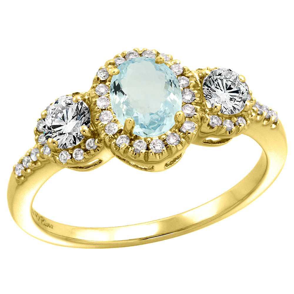 14k Yellow Gold Diamond Genuine Aquamarine Halo Engagement Ring Oval 7x5mm, size 5-10