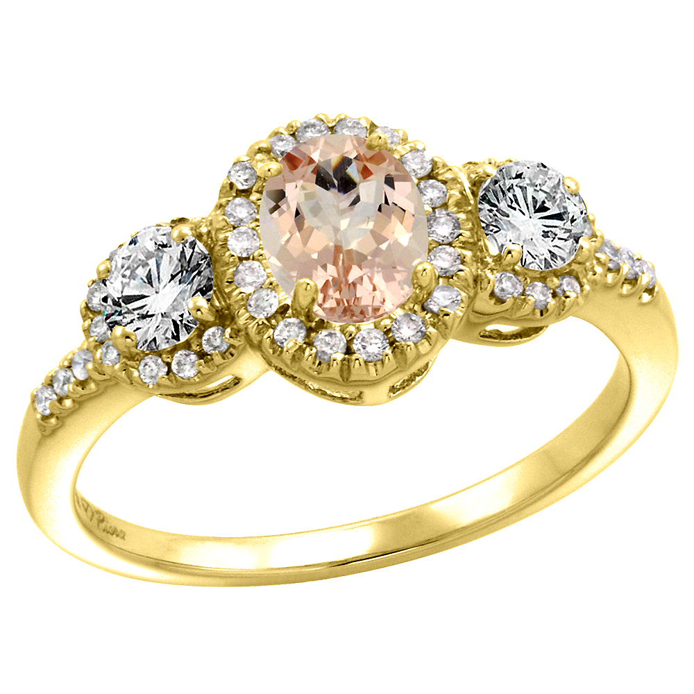 14k Yellow Gold Diamond Genuine Morganite Halo Engagement Ring Oval 7x5mm, size 5-10