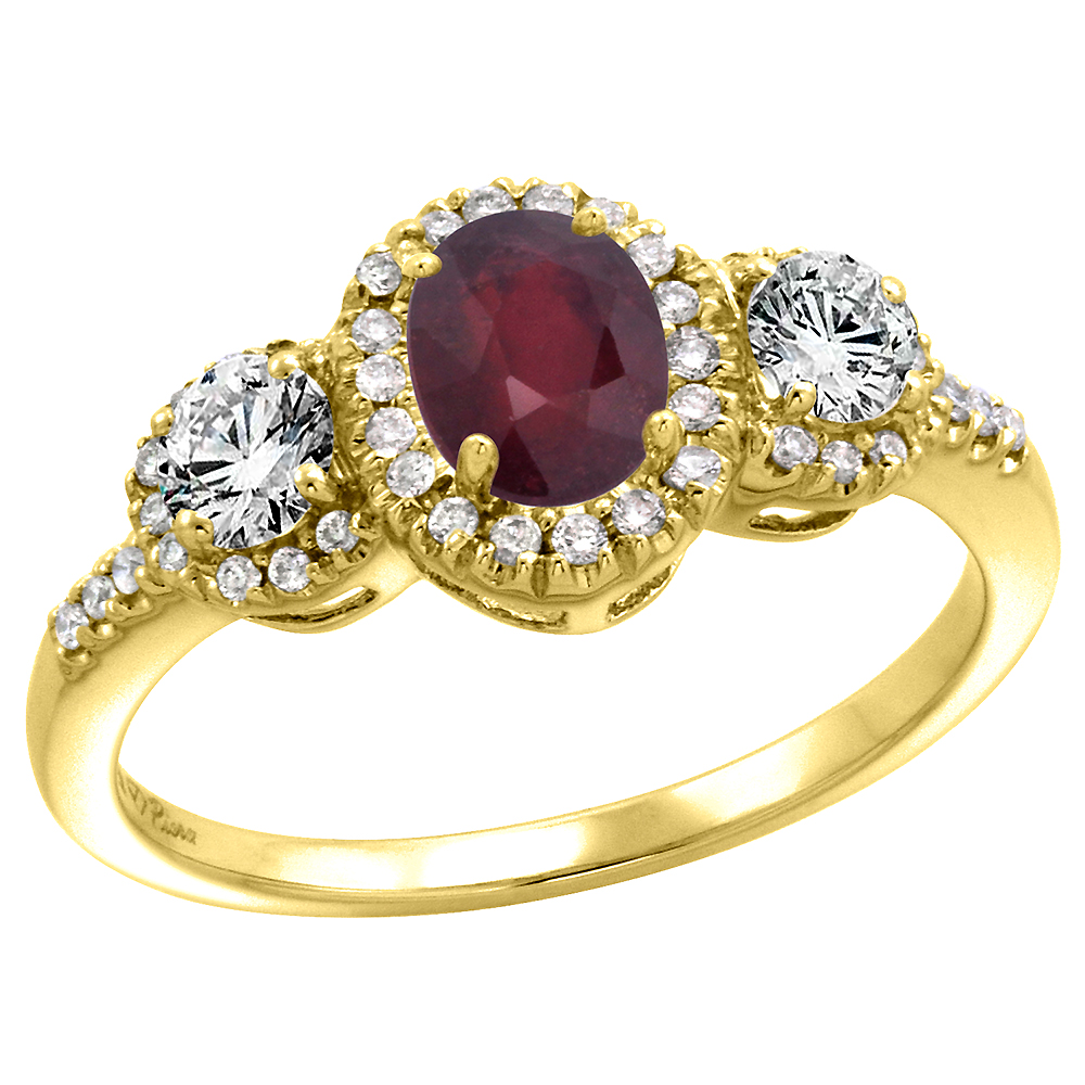 14k Yellow Gold Diamond Enhanced Genuine Ruby Halo Engagement Ring Oval 7x5mm, size 5-10