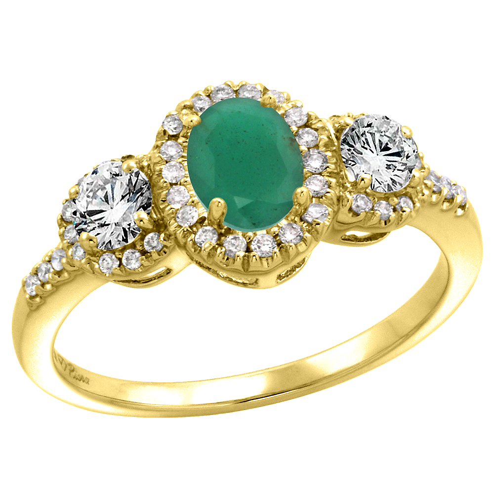 14k Yellow Gold Diamond Genuine Emerald Halo Engagement Ring Oval 7x5mm, size 5-10