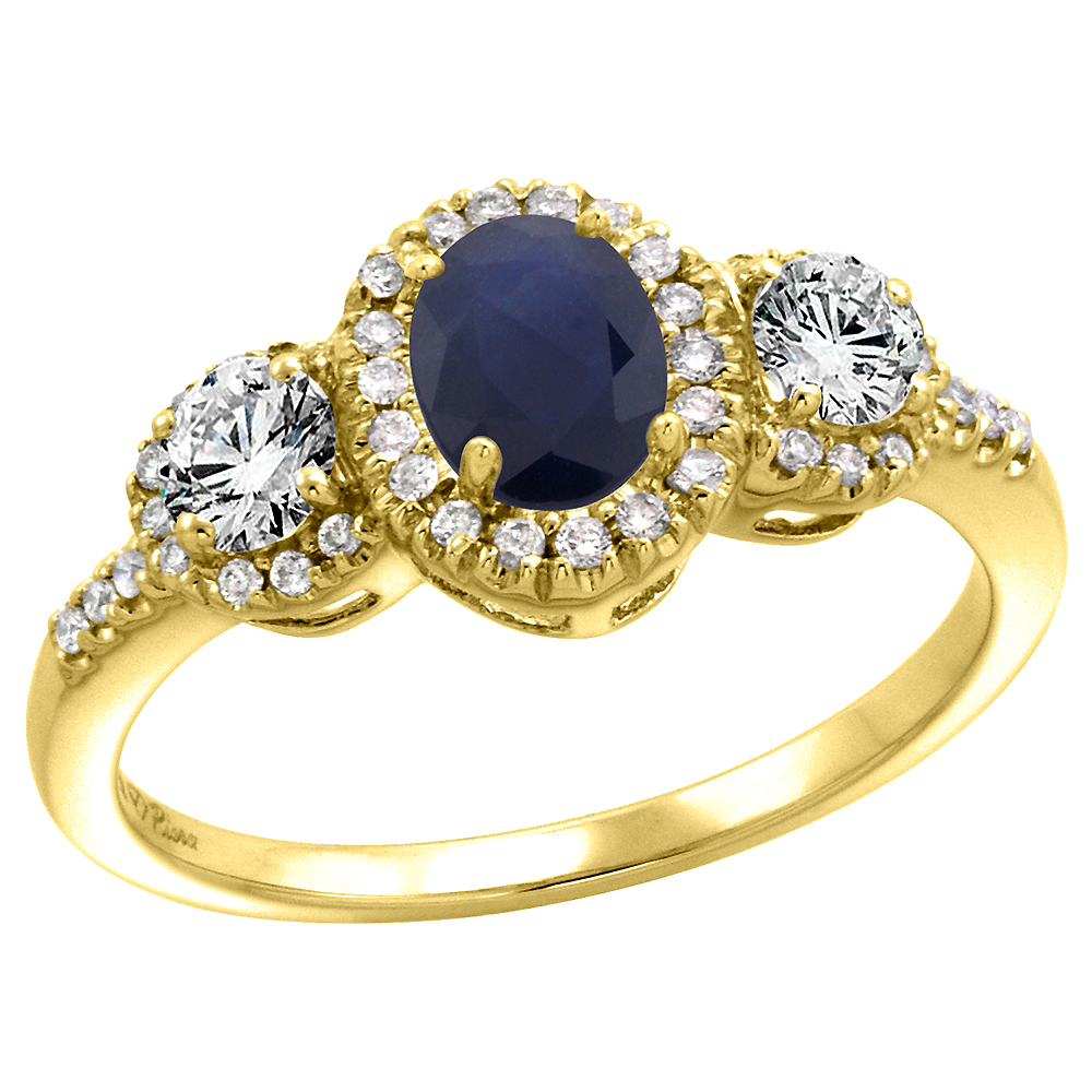 14k Yellow Gold Diamond Genuine Blue Sapphire Halo Engagement Ring Oval 7x5mm, size 5-10