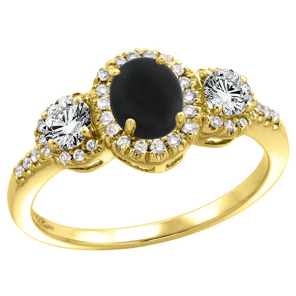 14k Yellow Gold Diamond Genuine Black Onyx Halo Engagement Ring Oval 7x5mm, size 5-10