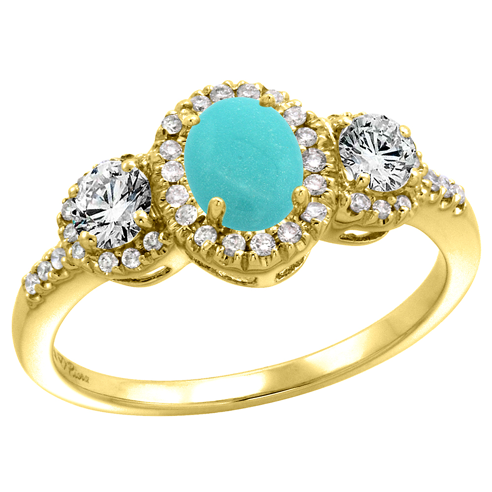 14k Yellow Gold Diamond Genuine Turquoise Halo Engagement Ring Oval 7x5mm, size 5-10